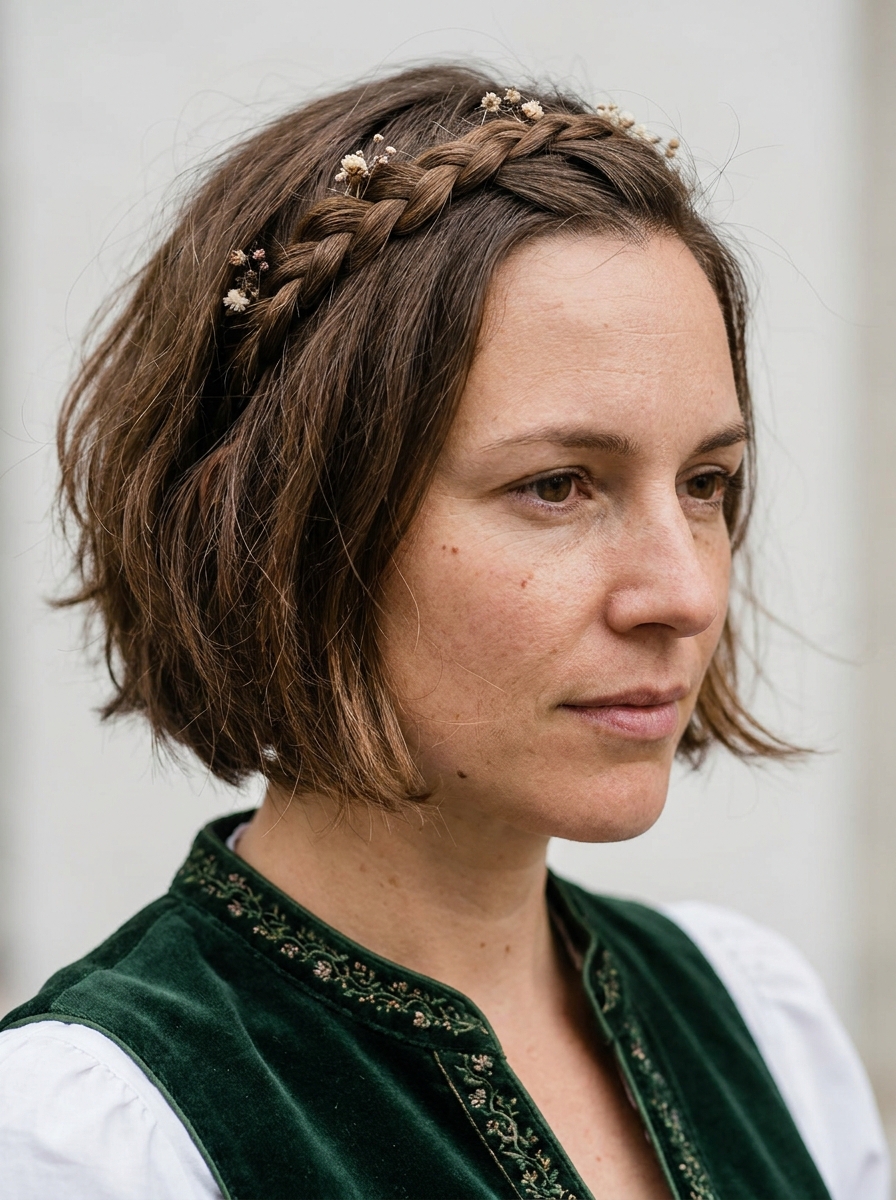 Mini Crown Braid für kurze Haare als Dirndlfrisuren Inspiration 2026